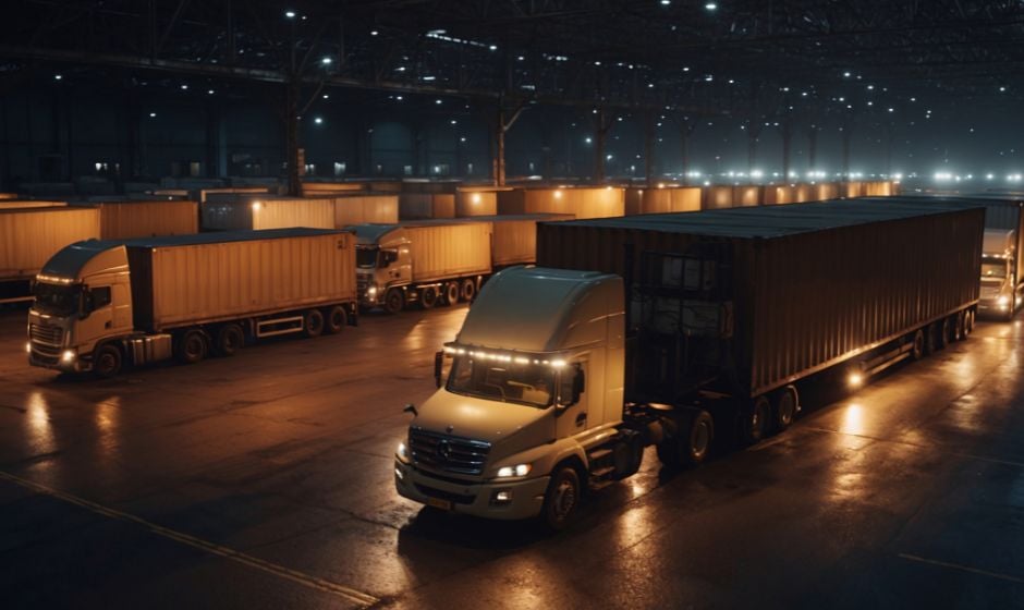A fleet of semi trucks with dry van trailers at night